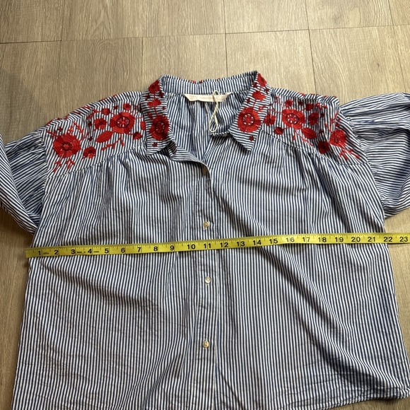 Zara Trafaluc Blue Red Floral Embroidered Striped Button Down Shirt Top Size L - Picture 6 of 8